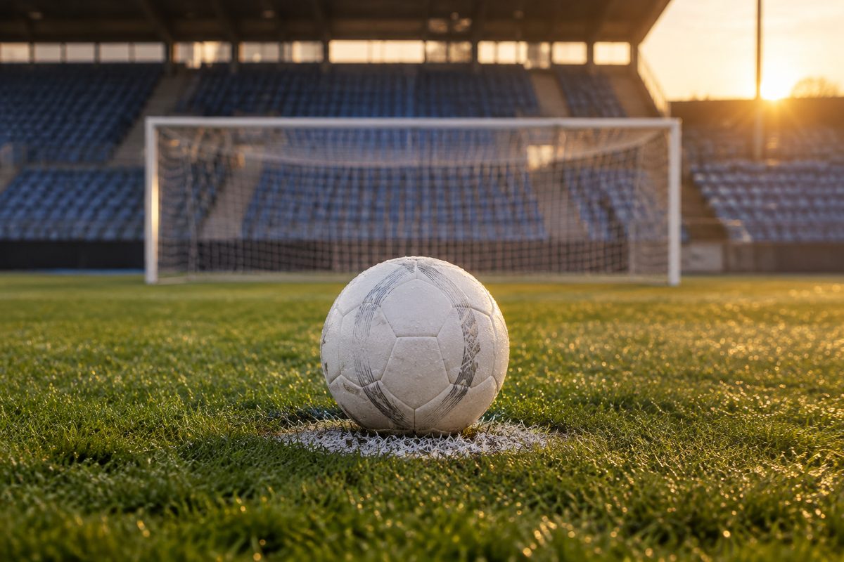Fodbold på græsset ved straffesparkspletten på et dansk stadion