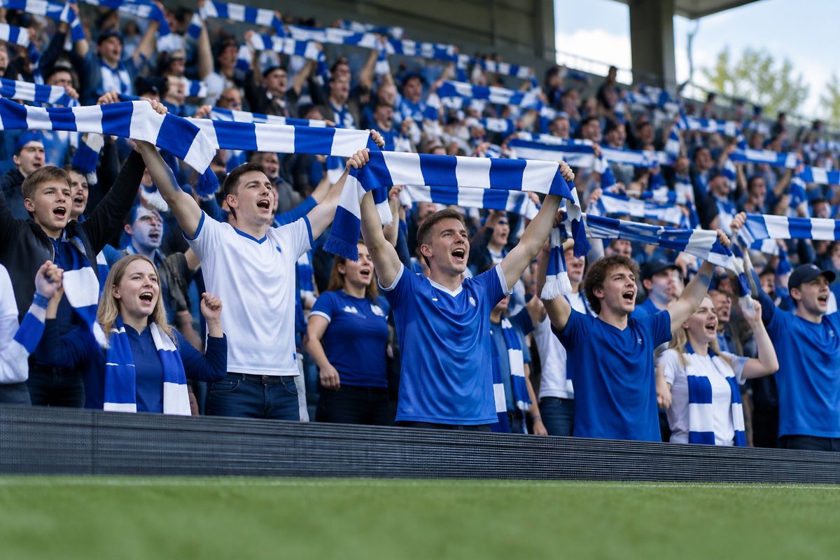 Fodboldfans synger og vifter med halstørklæder på en dansk tribune