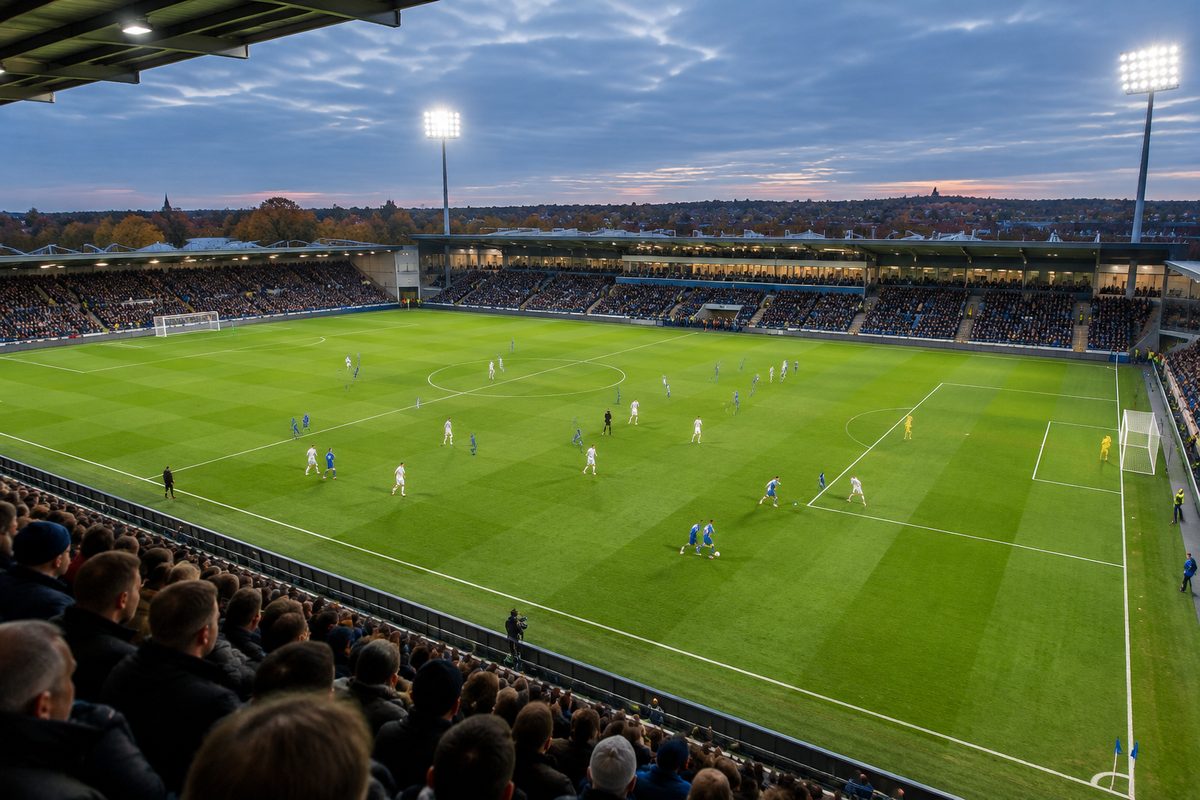 Fyldt dansk fodboldstadion med publikum under en kamp i Superligaen